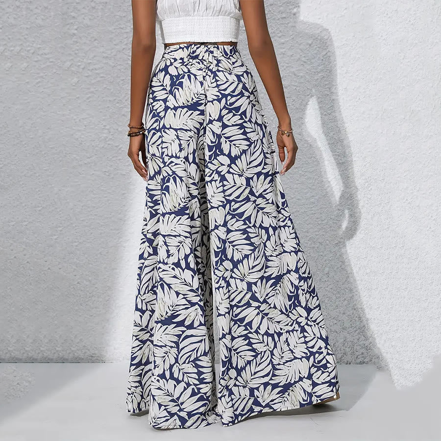Pantaloni da donna Olivenorma a vita alta e gamba larga con stampa a foglie tropicali - image 3