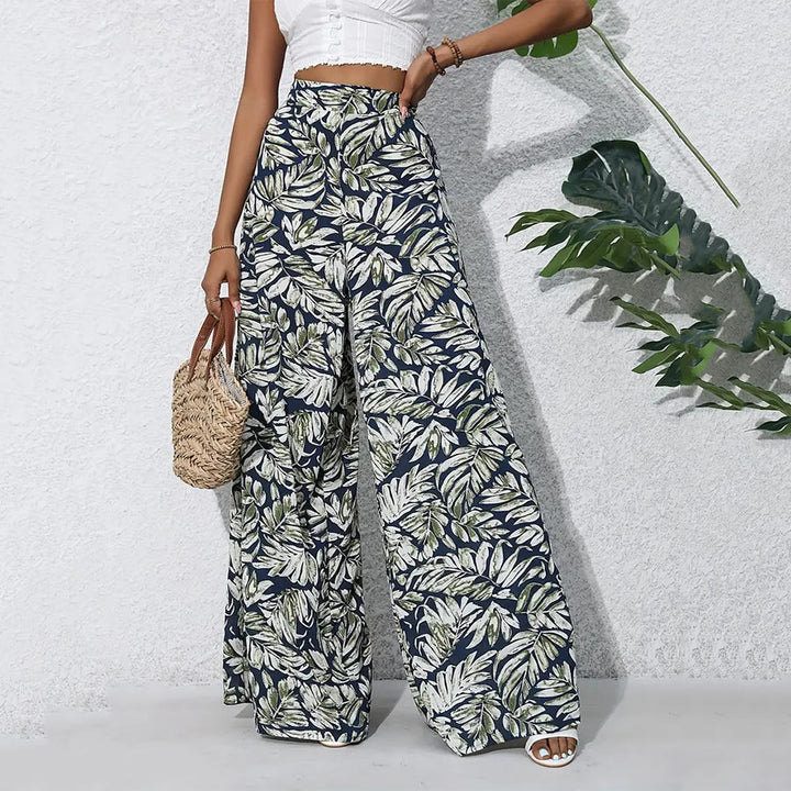 Pantaloni da donna Olivenorma a vita alta e gamba larga con stampa a foglie tropicali - image 11
