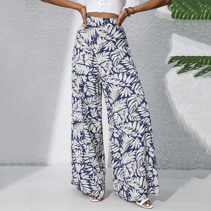 Pantaloni da donna Olivenorma a vita alta e gamba larga con stampa a foglie tropicali - image 5