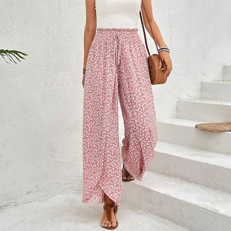 Pantaloni da donna Olivenorma a vita alta con coulisse e gamba larga, con stampa floreale. - image 1