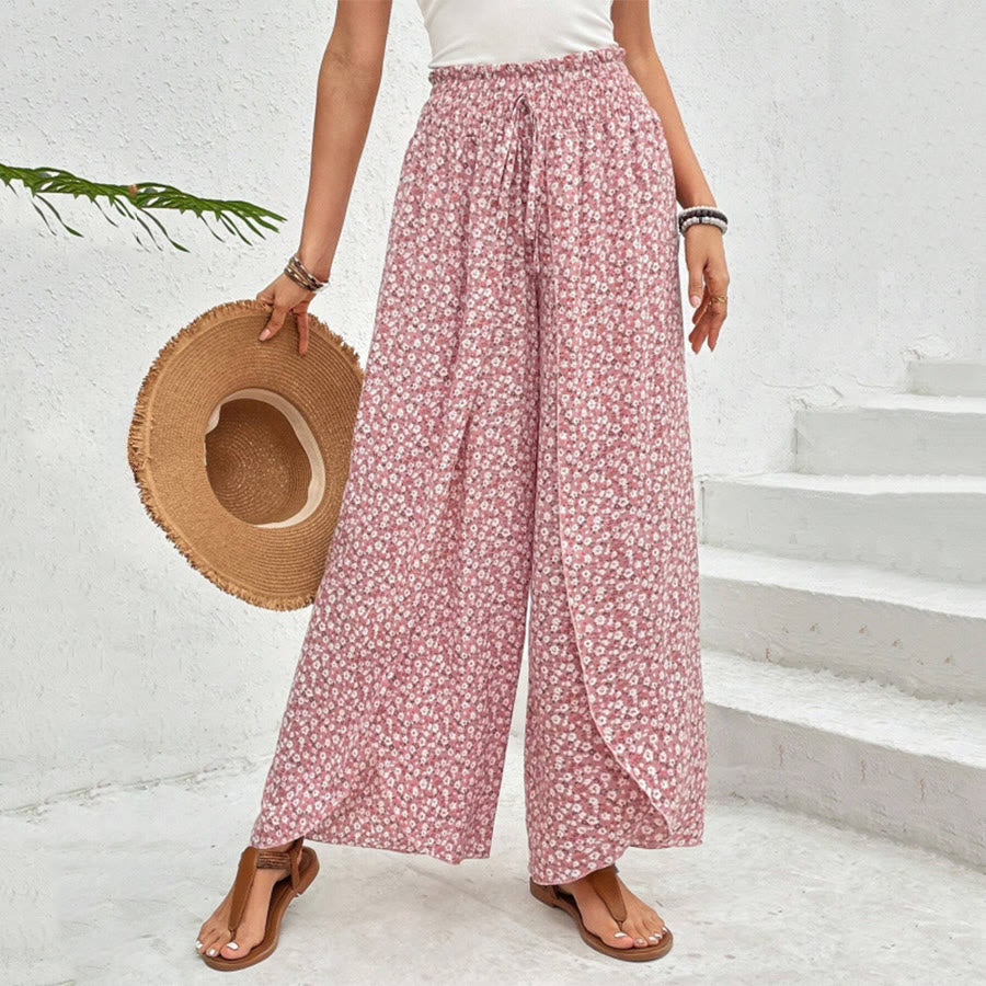 Pantaloni da donna Olivenorma a vita alta con coulisse e gamba larga, con stampa floreale. - Rosa - XL - image 0