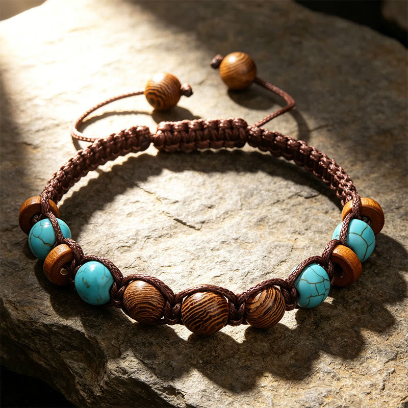 Bracciale intrecciato con perline, regolabile e scorrevole, fatto a mano Olivenorma - Turchese e Legno - image 5