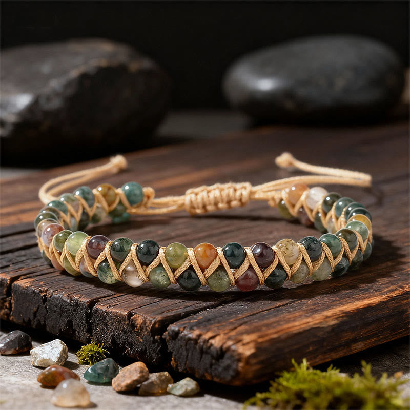Bracciale Olivenorma con coulisse regolabile, intrecciato a mano e decorato con perline. - Agata indiana - image 0
