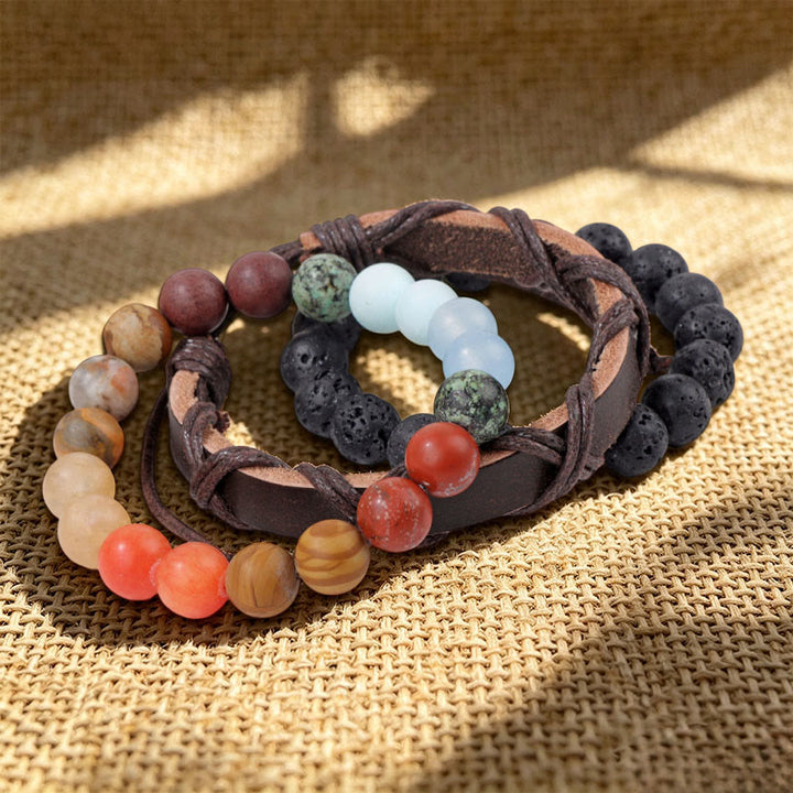 Bracciale etnico boho impilabile multistrato fatto a mano Olivenorma - Pietra lavica e acquamarina - image 0
