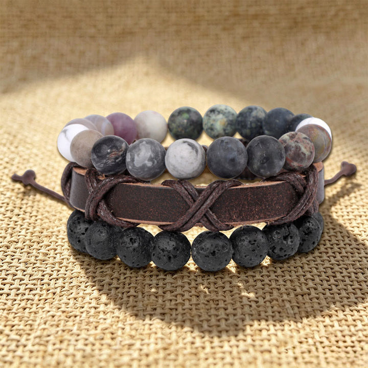 Bracciale etnico boho impilabile multistrato fatto a mano Olivenorma - Pietra lavica e diaspro grigio - image 8