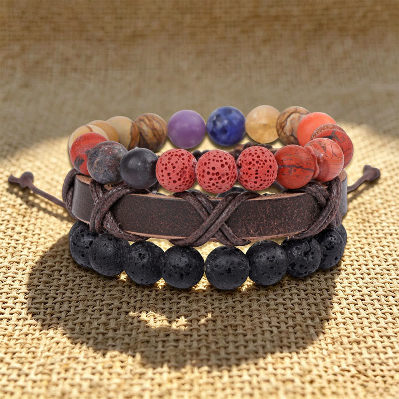 Bracciale etnico boho impilabile multistrato fatto a mano Olivenorma - Pietra lavica e diaspro rosso - image 5