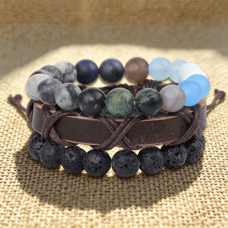 Bracciale etnico boho impilabile multistrato fatto a mano Olivenorma - Pietra lavica, turchese africano e diaspro grigio - image 13
