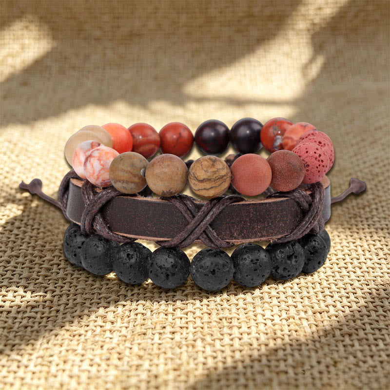 Bracciale etnico boho impilabile multistrato fatto a mano Olivenorma - Pietra lavica e diaspro figurativo - image 3