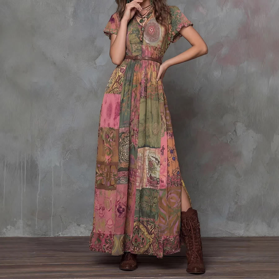 Abito lungo da donna Olivenorma con stampa patchwork artistica, scollo a V, bottoni sul davanti e maniche a volant. - image 1