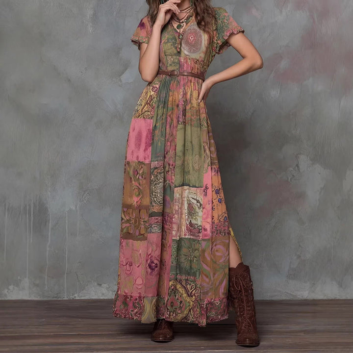 Abito lungo da donna Olivenorma con stampa patchwork artistica, scollo a V, bottoni sul davanti e maniche a volant. - image 1