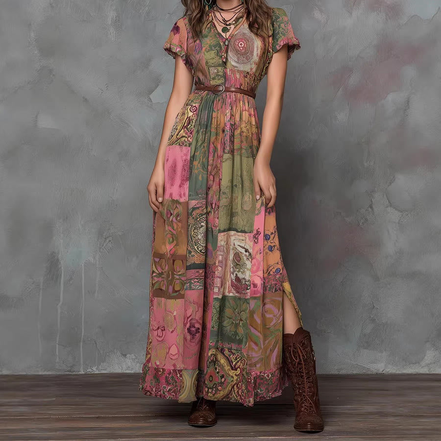 Abito lungo da donna Olivenorma con stampa patchwork artistica, scollo a V, bottoni sul davanti e maniche a volant. - Rosa - 2XL - image 0