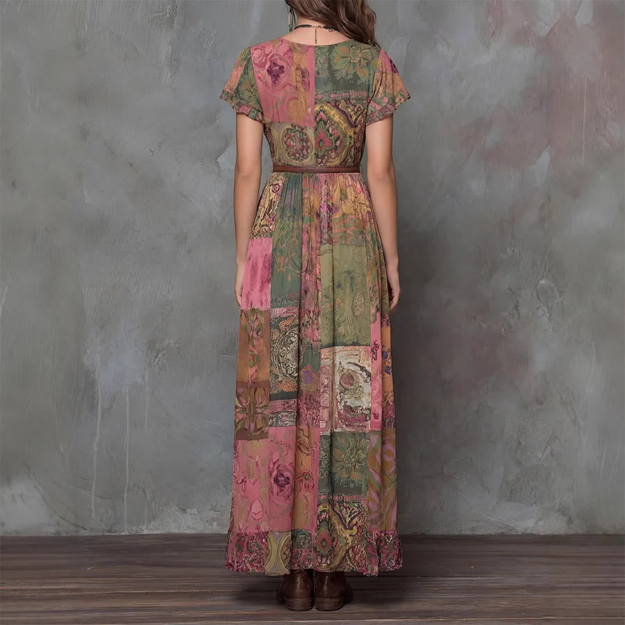 Abito lungo da donna Olivenorma con stampa patchwork artistica, scollo a V, bottoni sul davanti e maniche a volant. - image 3