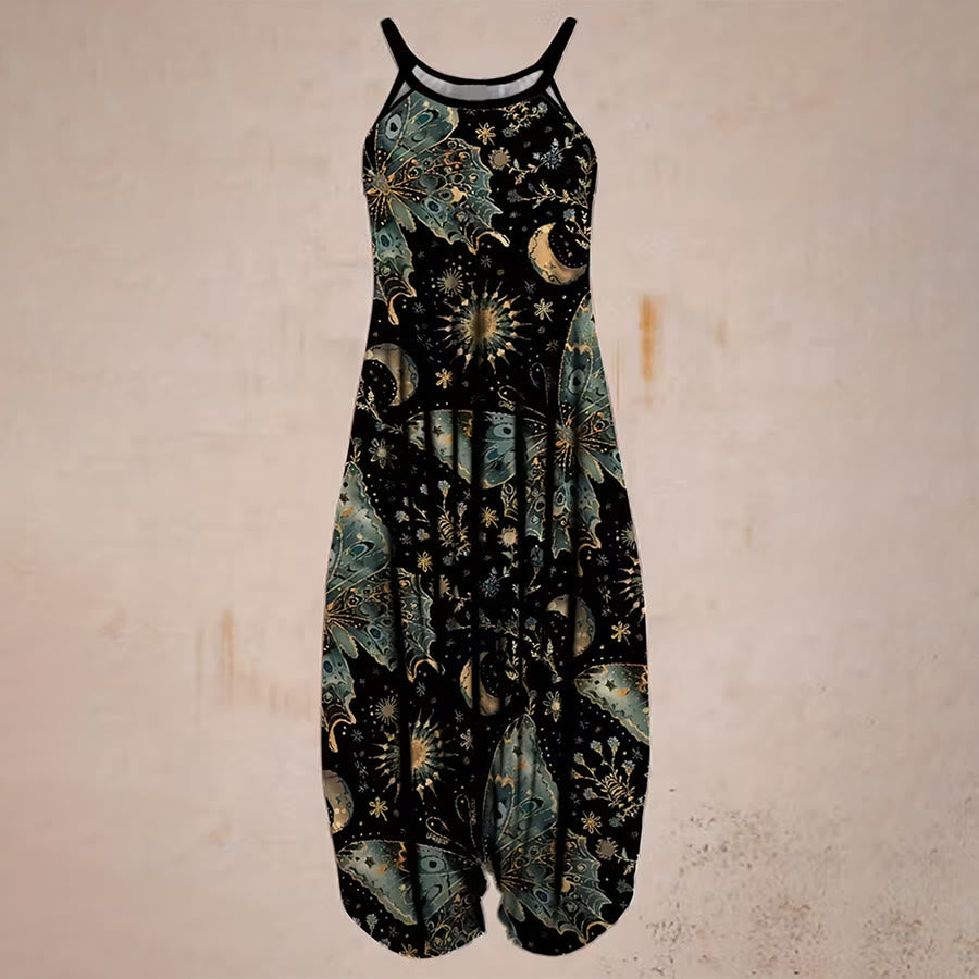 Completo da donna Olivenorma con pantaloni harem larghi e spalline sottili, stampa farfalle e luna celestiali. - image 4