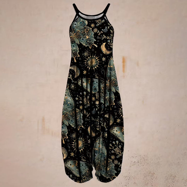 Completo da donna Olivenorma con pantaloni harem larghi e spalline sottili, stampa farfalle e luna celestiali. - image 4