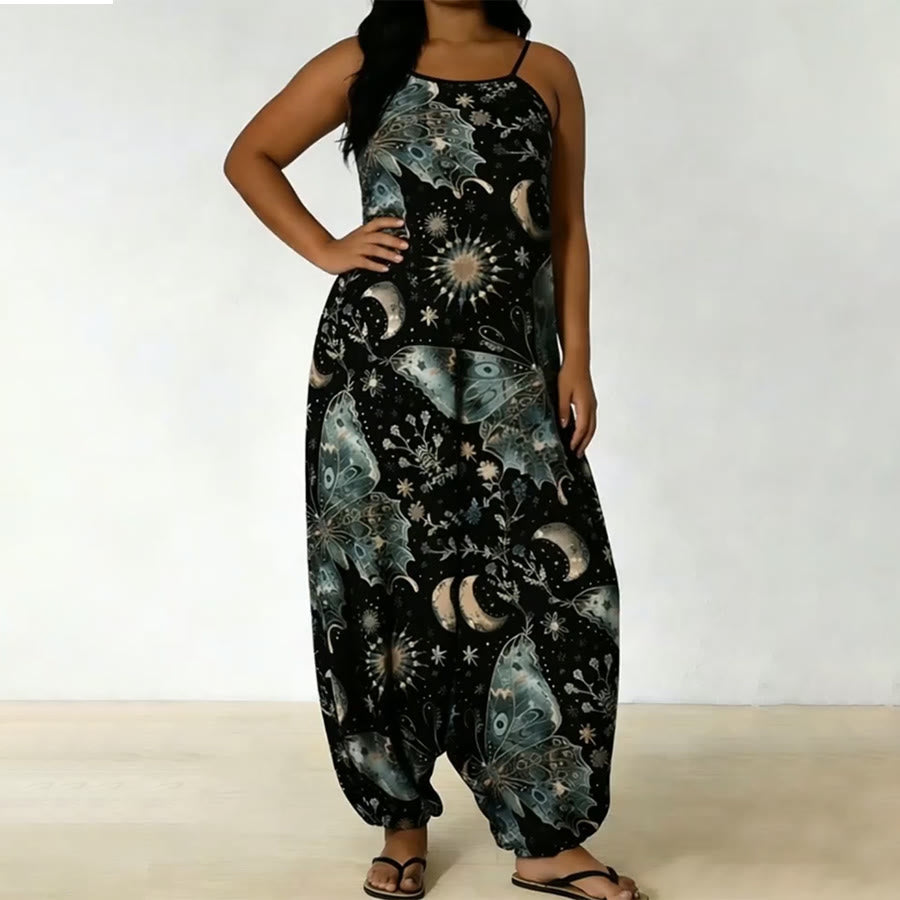 Completo da donna Olivenorma con pantaloni harem larghi e spalline sottili, stampa farfalle e luna celestiali. - Nero - 5XL - image 0