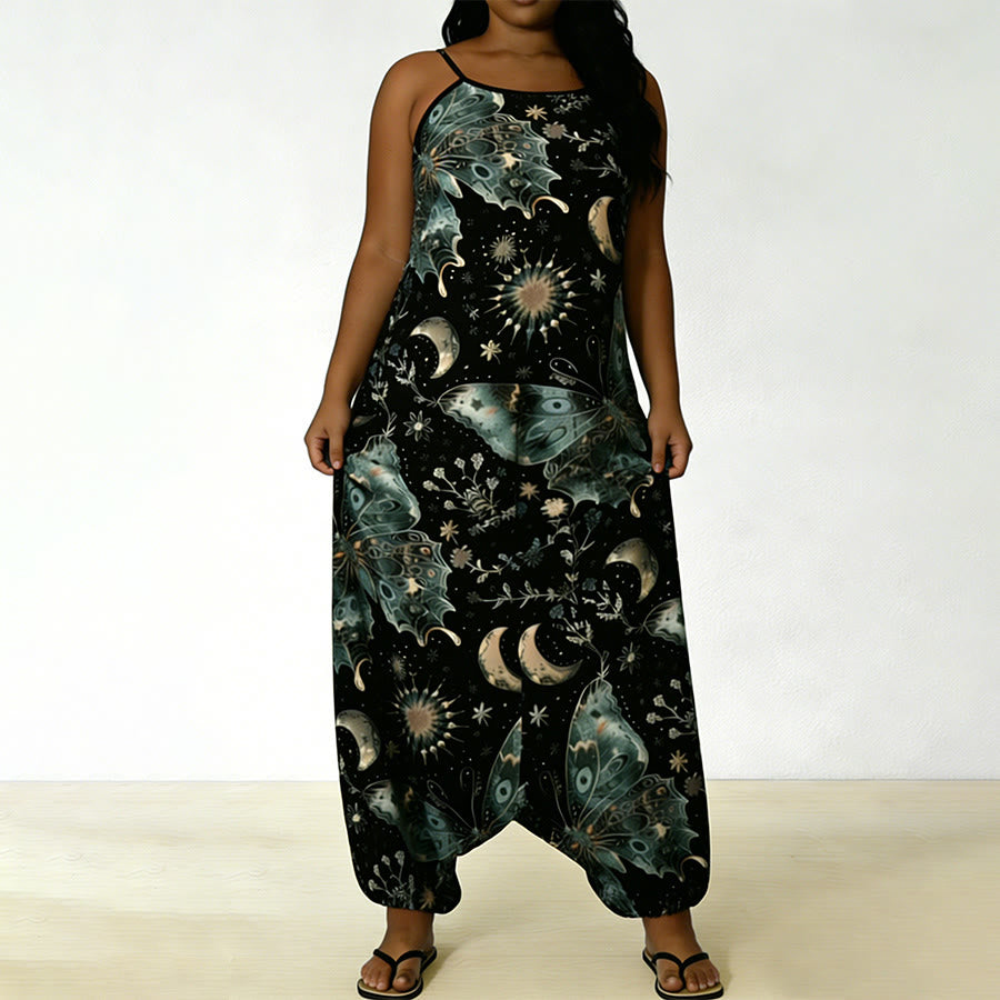 Completo da donna Olivenorma con pantaloni harem larghi e spalline sottili, stampa farfalle e luna celestiali. - image 5