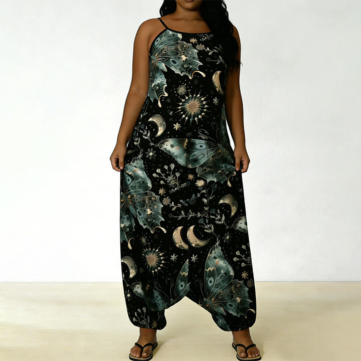 Completo da donna Olivenorma con pantaloni harem larghi e spalline sottili, stampa farfalle e luna celestiali. - image 5