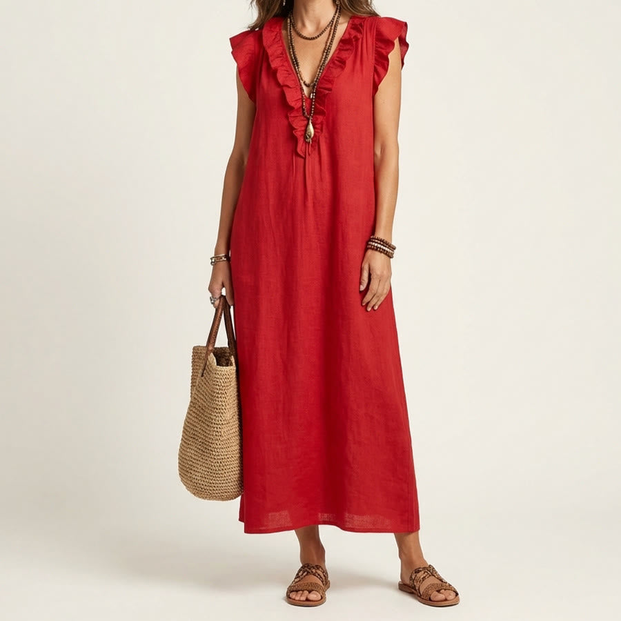 Abito lungo da donna Olivenorma con scollo a V, volant, maniche corte e vita arricciata. - Rosso - XXL - image 4