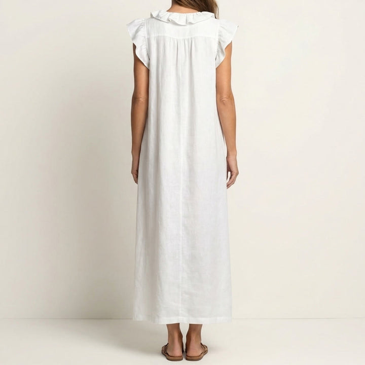 Abito lungo da donna Olivenorma con scollo a V, volant, maniche corte e vita arricciata. - image 3