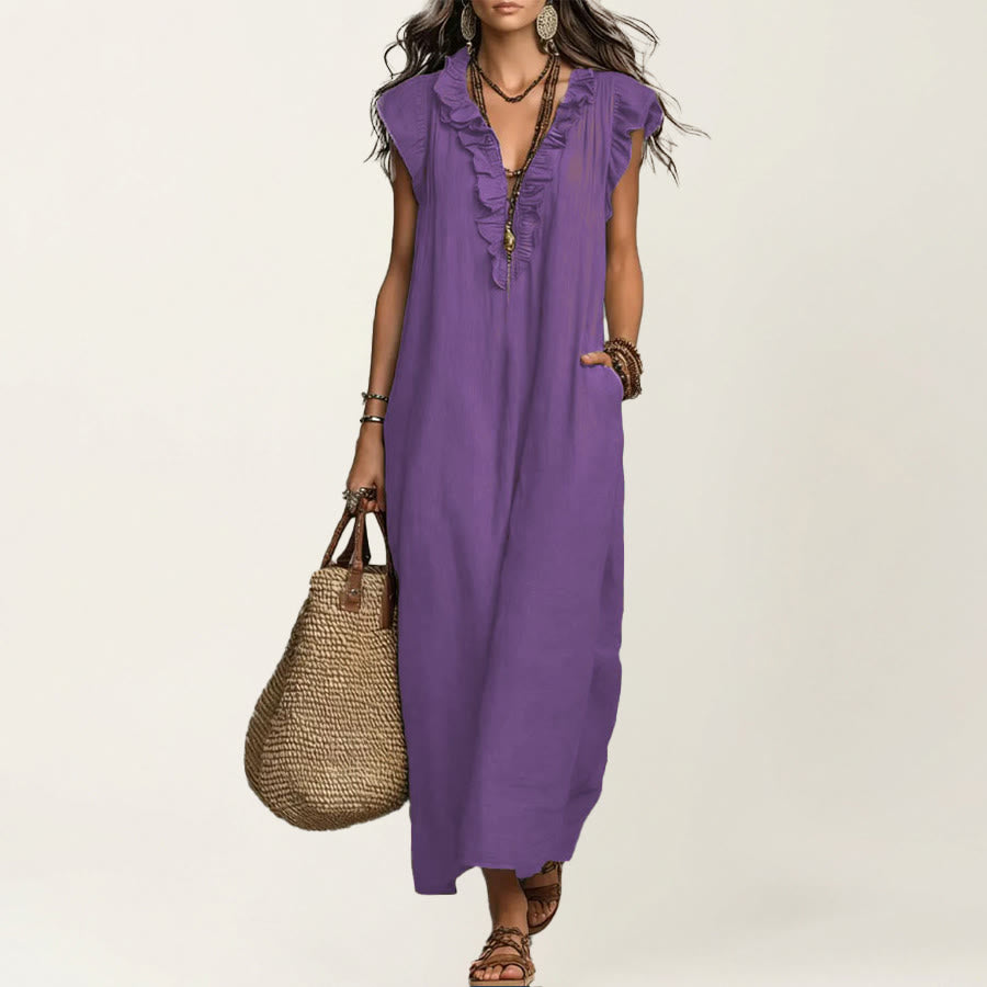 Abito lungo da donna Olivenorma con scollo a V, volant, maniche corte e vita arricciata. - Viola - XXL - image 10