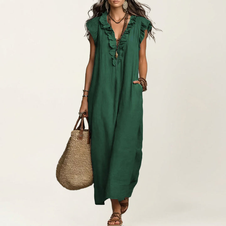 Abito lungo da donna Olivenorma con scollo a V, volant, maniche corte e vita arricciata. - Verde scuro - XXL - image 11
