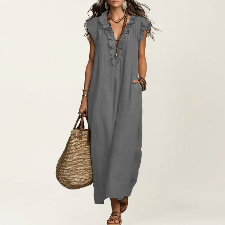 Abito lungo da donna Olivenorma con scollo a V, volant, maniche corte e vita arricciata. - Grigio - XXL - image 12