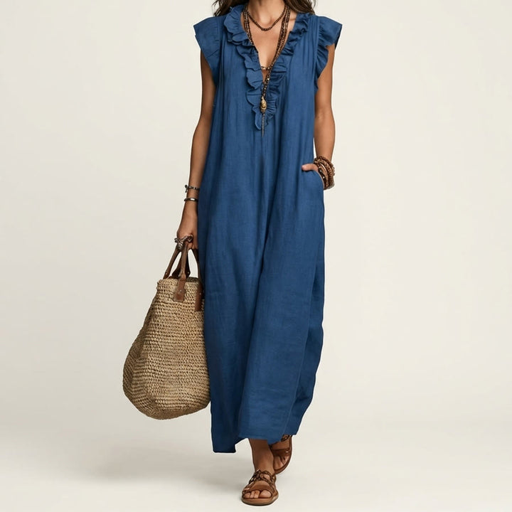 Abito lungo da donna Olivenorma con scollo a V, volant, maniche corte e vita arricciata. - Blu navy - XXL - image 8