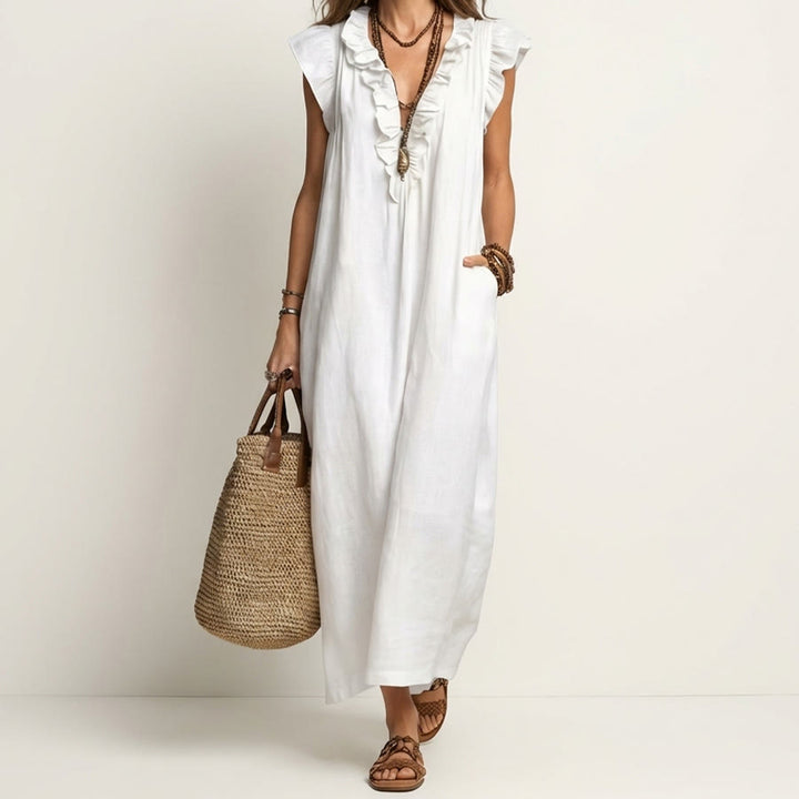 Abito lungo da donna Olivenorma con scollo a V, volant, maniche corte e vita arricciata. - Bianco - XXL - image 2