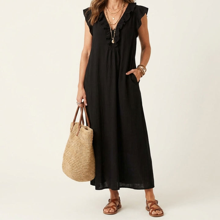 Abito lungo da donna Olivenorma con scollo a V, volant, maniche corte e vita arricciata. - Nero - XXL - image 0