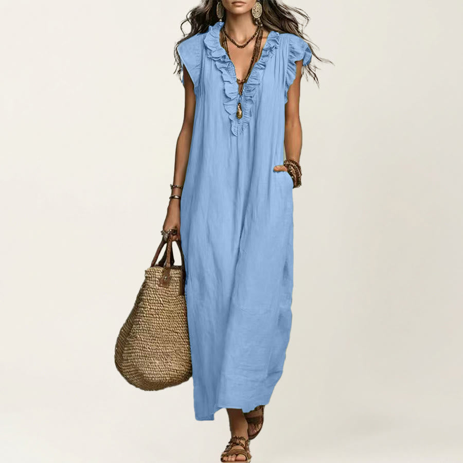 Abito lungo da donna Olivenorma con scollo a V, volant, maniche corte e vita arricciata. - Azzurro chiaro - XXL - image 18