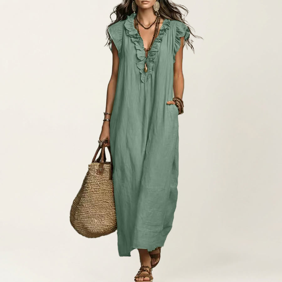 Abito lungo da donna Olivenorma con scollo a V, volant, maniche corte e vita arricciata. - Verde chiaro - XXL - image 20