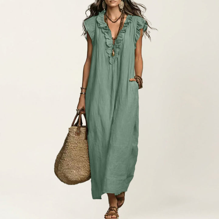 Abito lungo da donna Olivenorma con scollo a V, volant, maniche corte e vita arricciata. - Verde chiaro - XXL - image 20