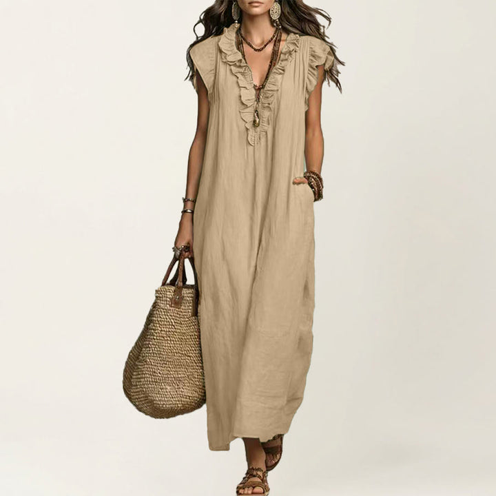 Abito lungo da donna Olivenorma con scollo a V, volant, maniche corte e vita arricciata. - Cachi - XXL - image 17