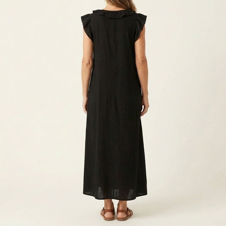 Abito lungo da donna Olivenorma con scollo a V, volant, maniche corte e vita arricciata. - image 1