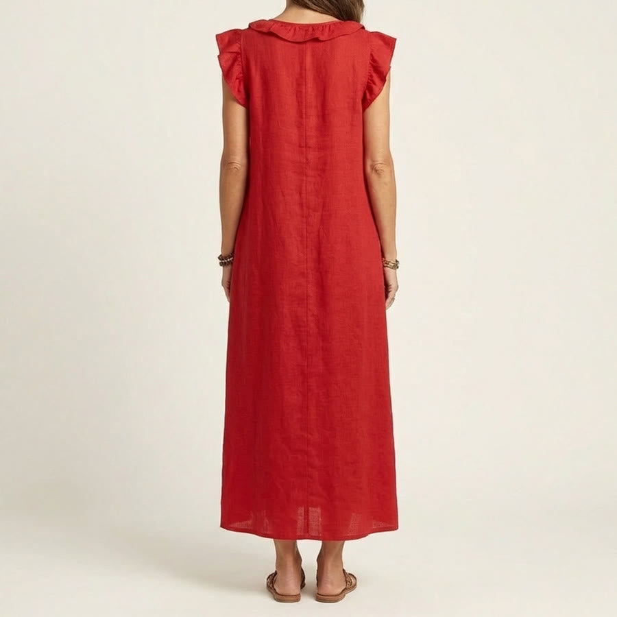 Abito lungo da donna Olivenorma con scollo a V, volant, maniche corte e vita arricciata. - image 5