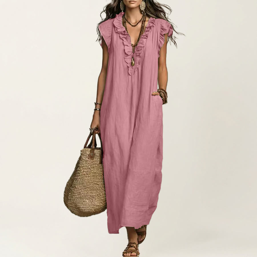 Abito lungo da donna Olivenorma con scollo a V, volant, maniche corte e vita arricciata. - Rosa - XXL - image 19