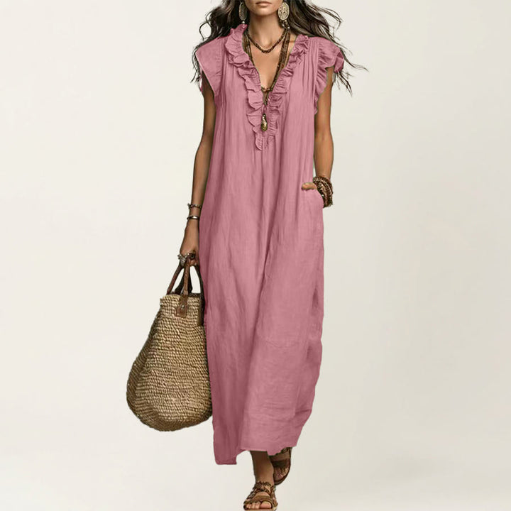 Abito lungo da donna Olivenorma con scollo a V, volant, maniche corte e vita arricciata. - Rosa - XXL - image 19