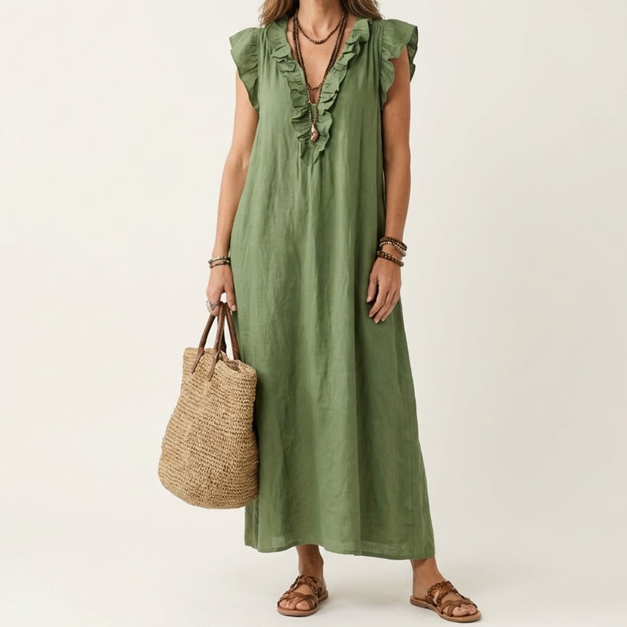Abito lungo da donna Olivenorma con scollo a V, volant, maniche corte e vita arricciata. - Verde militare - XXL - image 6