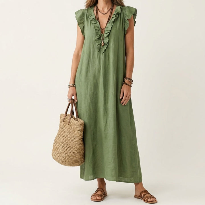 Abito lungo da donna Olivenorma con scollo a V, volant, maniche corte e vita arricciata. - Verde militare - XXL - image 6