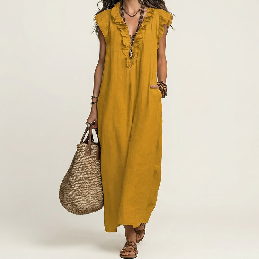 Abito lungo da donna Olivenorma con scollo a V, volant, maniche corte e vita arricciata. - Giallo - XXL - image 13