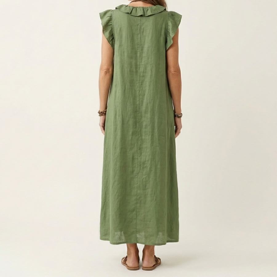 Abito lungo da donna Olivenorma con scollo a V, volant, maniche corte e vita arricciata. - image 7