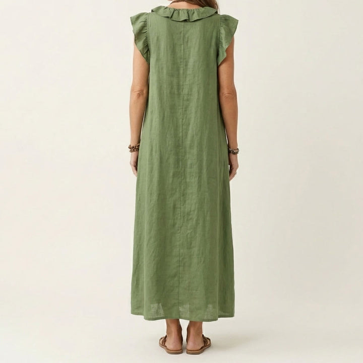 Abito lungo da donna Olivenorma con scollo a V, volant, maniche corte e vita arricciata. - image 7