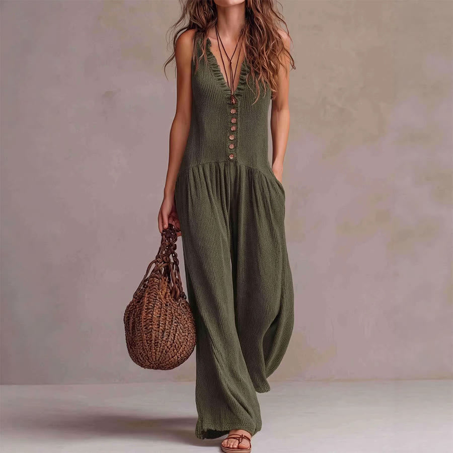 Completo da donna Olivenorma senza maniche con volant, scollo a V, abbottonatura frontale e gamba ampia e comoda. - Verde militare - XXXL - image 0