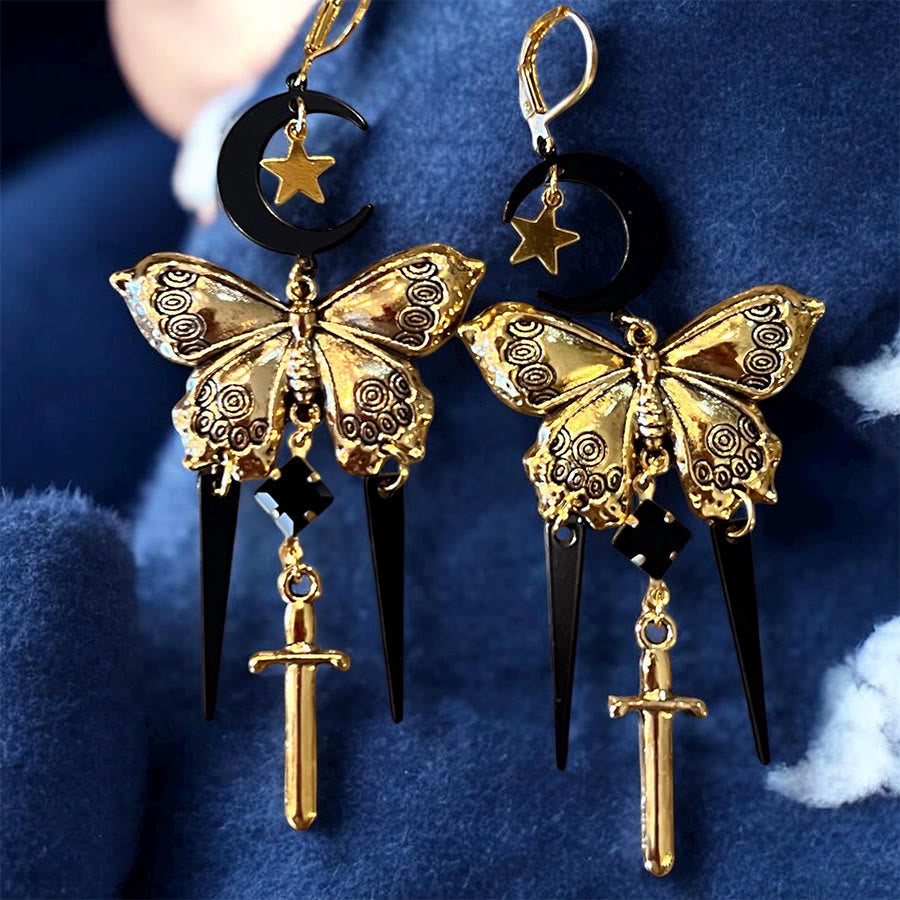 Orecchini Olivenorma Gothic Mystic Butterfly Moon Sword con nappe sovrapposte - D'oro - image 0