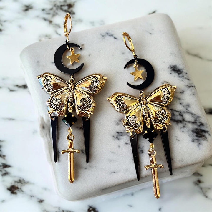 Orecchini Olivenorma Gothic Mystic Butterfly Moon Sword con nappe sovrapposte - image 4