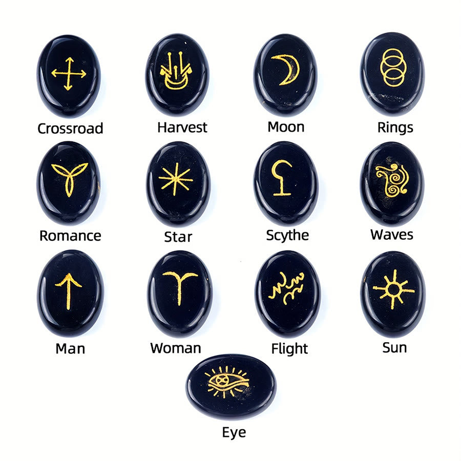 Set di 13 pietre preziose naturali Olivenorma con rune delle streghe incise, pietra antistress. - image 10