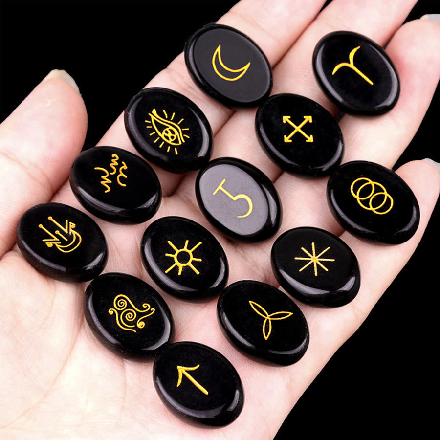 Set di 13 pietre preziose naturali Olivenorma con rune delle streghe incise, pietra antistress. - Ossidiana - image 11