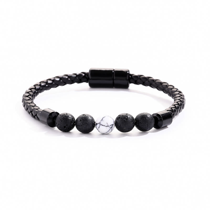 Bracciale Olivenorma in pelle intrecciata con perline di pietra naturale e chiusura magnetica - Pietra lavica e howlite - image 6