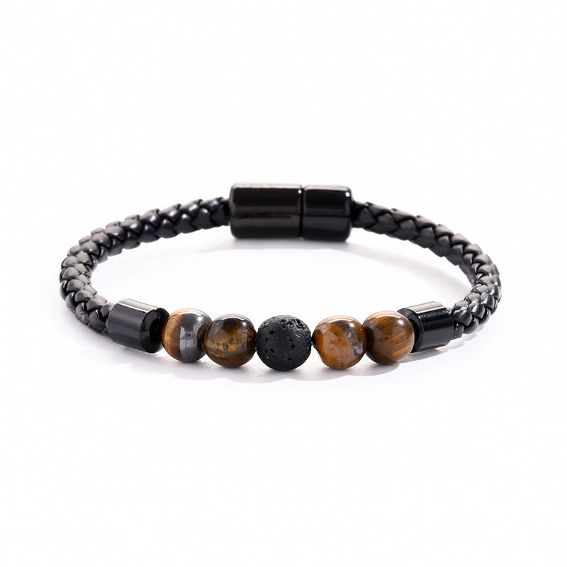 Bracciale Olivenorma in pelle intrecciata con perline di pietra naturale e chiusura magnetica - Occhio di tigre e pietra lavica - image 4