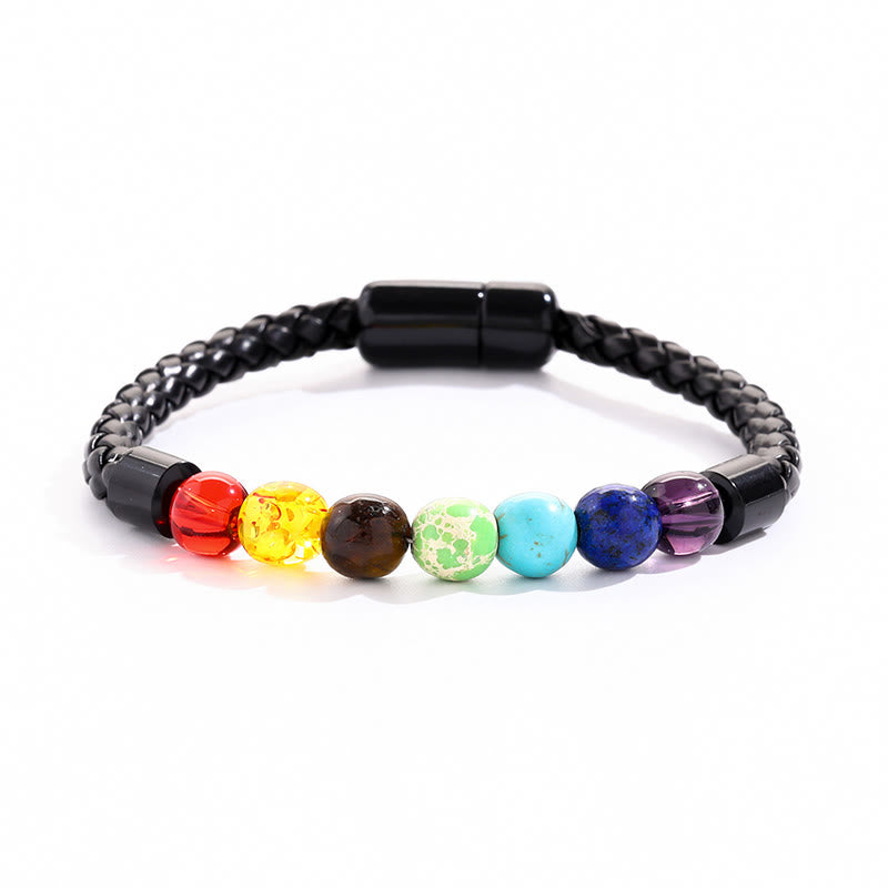 Bracciale Olivenorma in pelle intrecciata con perline di pietra naturale e chiusura magnetica - Pietra del Chakra - image 1